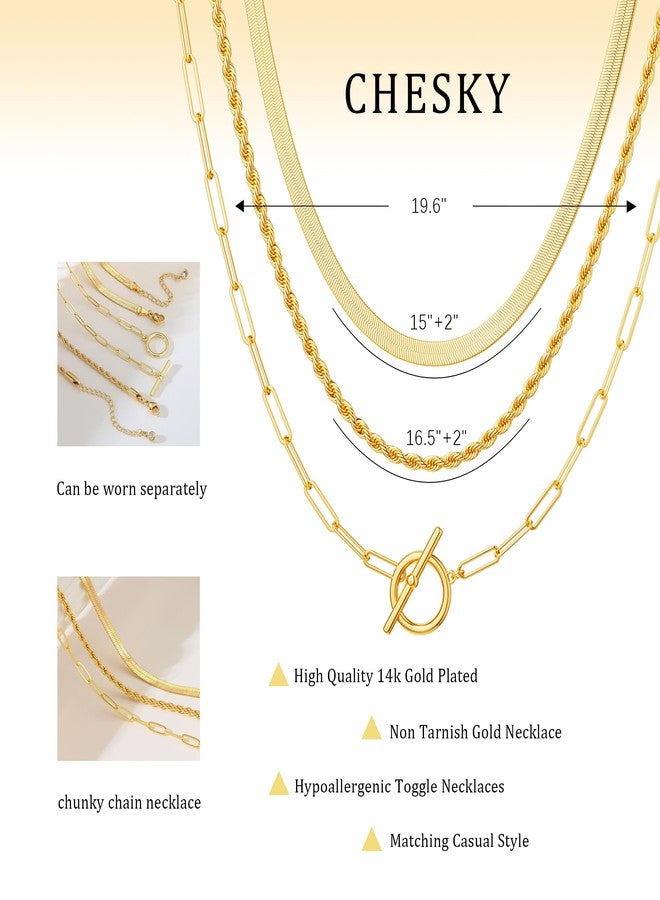 CHESKY 14K Gold Plated Layered Herringbone Necklaces for Women, Trendy Chain Necklace Snake Rope Link Chains Simple Chunky Toggle Clasp Necklace Set Fashion Jewelry - Image 4